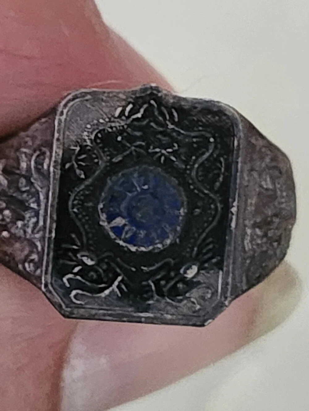 Vintage Sterling Silver Signet Ring with Blue Center